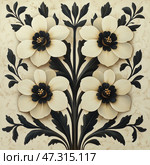 An exquisite decorative composition in the style of artistic bas-relief or floral graphics. The central element is four large flowers with cream petals and dark blue or black cores, decorated with golden stamens. The flowers are arranged symmetrically against a background of graceful curved leaves, made in dark shades, giving contrast and nobility. The background is neutral, with a light texture, which emphasizes the volume and relief of the composition. The work looks like a wall panel, decoration or an element of a modern interior with a classic echo. Стоковое AI-изображение, AI-художник Анна Кривицкая / Фотобанк Лори