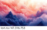 An abstract landscape reminiscent of fantastical cloud mountains. The entire space is filled with fluffy, swirling masses that resemble both clouds and rock formations. The color palette ranges from deep blues and purples in the lower ground to warm pinks, peaches, and golds near the top, creating the effect of a sunrise or sunset in another reality. The atmosphere of the scene is dreamy, as if from a dream world or a vision of a future world where heaven and earth merge. Стоковое AI-изображение, AI-художник Анна Кривицкая / Фотобанк Лори