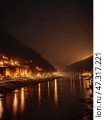 Soft lanterns illuminate the banks of the Ganges in Varanasi, casting shimmering reflections on the dark waters, creating a peaceful and magical atmosphere AI. Стоковое AI-изображение, AI-художник Юлия Петровская / Фотобанк Лори