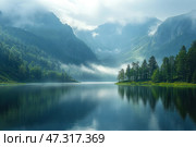 A picturesque mountain landscape with a crystal clear lake surrounded by dense spruce and pine forests. The mountains in the distance are hidden in the morning mist, their peaks shrouded in clouds. The surface of the water is smooth as a mirror, reflecting the sky, trees and mountain slopes. The atmosphere is filled with freshness, peace and a sense of inaccessible beauty. This place seems to be timeless - mysterious, pristine, and at the same time filled with the power of nature and deep meaning. The landscape evokes a sense of awe and peace, as if this is a sacred place of the future world. Стоковое AI-изображение, AI-художник Анна Кривицкая / Фотобанк Лори