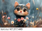 The cutest kitten with huge shiny eyes, sitting among wildflowers. His fur is fluffy, with a warm gradient of gray and reddish shades. His ears are pink, his look is sincere and a little fairytale-like. The background is painted in soft tones, creating an atmosphere of coziness and magic. The composition seems to be created from a childhood dream, full of joy, kindness and hope for a bright future. Стоковое AI-изображение, AI-художник Анна Кривицкая / Фотобанк Лори