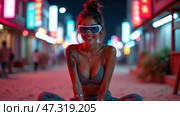 In a lively city alley illuminated by neon lights, a joyful woman sits cross-legged, wearing trendy sunglasses and showcasing a stylish outfit, enjoying the vibrant nightlife. Стоковое AI-изображение, AI-художник Sergey Grishin / Фотобанк Лори