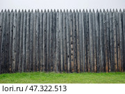Weathered wooden palisade protecting verdant grassland, marking territorial boundary in expansive russian countryside terrain. Стоковое фото, фотограф Mikhail Davidovich / Фотобанк Лори