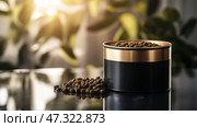 Pet food mockup container with kibble spilled on a kitchen counter.  На кухонном столе стоит черно-золотой контейнер, наполненный кормом для домашних животных. Часть корма разбросана рядом, освещенная мягким утренним солнечным светом, проникающим сквозь растения. Стоковое AI-изображение, AI-художник Katsiaryna Repich / Фотобанк Лори