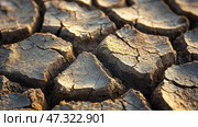 Dry, cracked earth surface highlighting the impact of drought and climate change. На поверхности земли видны обширные трещины, свидетельствующие о последствиях длительной засухи. Эта бесплодная местность - суровое напоминание об экологических проблемах, с которыми сталкиваются многие регионы. Стоковое AI-изображение, AI-художник Katsiaryna Repich / Фотобанк Лори