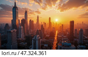 Modern city skyline at sunset, tall skyscrapers, urban landscape, golden sunlight, high-rise buildings, downtown view, business district, financial center, cityscape, aerial perspective. Стоковое AI-изображение, AI-художник Павел Муравьев / Фотобанк Лори