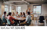 Creative team brainstorming session in modern office with diverse coworkers discussing ideas, analyzing data, and collaborating on business strategy during informal meeting. Стоковое AI-изображение, AI-художник Павел Муравьев / Фотобанк Лори