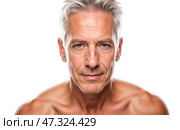 Shirtless man, 50 years old, muscular build, gray hair, white background, healthy look, confident smile, fitness ad. Стоковое AI-изображение, AI-художник Павел Муравьев / Фотобанк Лори