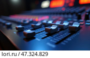 A detailed look at the faders and knobs of an audio mixing console used for adjusting sound levels during a live music event in an intimate setting after dark. Стоковое AI-изображение, AI-художник Sergey Grishin / Фотобанк Лори