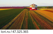 Aerial view of red barn and a vast patchwork of colorful agricultural fields. Стоковое AI-видео, аниматор Елена Никишина / Фотобанк Лори