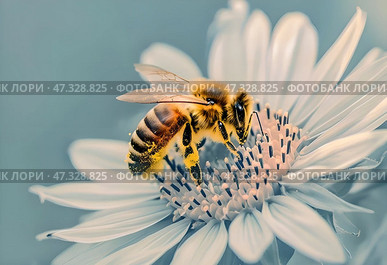 Close-up of a honey bee collecting nectar on a white flower against the background of a blue sky. Стоковое AI-изображение, AI-художник Iva Noel / Фотобанк Лори