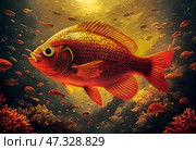 Vibrant Fish Illuminated In Mystical Coral Reef Landscape. Стоковое AI-изображение, AI-художник Iva Noel / Фотобанк Лори