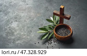 Ceremonial Ash Bowl and Wooden Cross for Ash Wednesday Observances During Lent Season in a Serene Setting. Стоковое AI-видео, аниматор Sergey Grishin / Фотобанк Лори