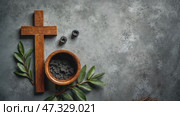 Ceremonial Preparation for Ash Wednesday With Brown Wooden Cross and Ash Bowl. Стоковое AI-видео, аниматор Sergey Grishin / Фотобанк Лори