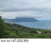 A picturesque view of Gurzuf from above. In the center of the composition is the majestic Mount Ayu-Dag, covered with a thick cap of clouds, like a magic veil. Below is the coast with houses, hotels and a bay in which the famous Adalary rocks are visible, like two guards at the entrance to the sea. Everything is surrounded by dense Crimean forests and greenery, creating a feeling of silence, peace and harmony. The atmosphere is filled with cool freshness, the breath of the sea and the anticipation of something new. Стоковое фото, фотограф Анна Кривицкая / Фотобанк Лори