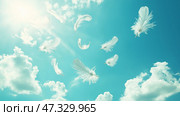 Soft white feathers drifting in a bright blue sky on a sunny day. Нежные белые перья грациозно парят под чистым голубым небом, пушистые облака на фоне яркого солнечного света создают безмятежную и спокойную атмосферу. Стоковое AI-изображение, AI-художник Katsiaryna Repich / Фотобанк Лори