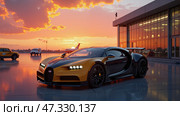 Спортивный автомобиль в футуристическом стиле в черных и золотых тонах на фоне заката и самолета. Стоковое AI-изображение, AI-художник Валерий Лукин / Фотобанк Лори