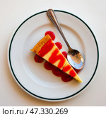 Slice of cheesecake Tarta de queso with strawberry jam. Стоковое фото, фотограф Яков Филимонов / Фотобанк Лори