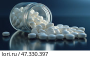 Pills scattered from a glass jar on a dark surface in a clinical setting. Таблетки, рассыпанные из стеклянной банки на темной поверхности в клинических условиях. Стоковое AI-изображение, AI-художник Katsiaryna Repich / Фотобанк Лори