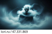 Ethereal figure surrounded by swirling mist in a dark, mysterious environment at twilight. Стоковое AI-изображение, AI-художник Сергей Толмачёв / Фотобанк Лори