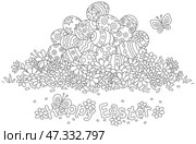 Easter card with a pile of festively painted gift eggs on a pretty lawn with spring flowers and merrily fluttering butterflies. Стоковая иллюстрация, иллюстратор Alexey Bannykh / Фотобанк Лори