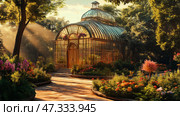 Lush greenery fills a sunlit conservatory with tropical plants and serene water features during a tranquil morning. Стоковое AI-изображение, AI-художник Михаил Коханчиков / Фотобанк Лори