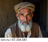 A Yemeni man gazes thoughtfully into the distance, his weathered face reflecting years of experience and stories untold. The intricate headwear adds to his cultural richness and charm Generative AI. Стоковое AI-изображение, AI-художник Юлия Петровская / Фотобанк Лори