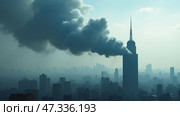 In the early morning, thick smoke emerges from the top of a tall building, casting a gray shadow over a densely populated urban skyline, creating an eerie atmosphere. Стоковое AI-изображение, AI-художник Sergey Grishin / Фотобанк Лори
