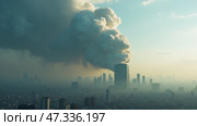 A thick plume of smoke rises from a towering building in a bustling city as the sun sets, creating a surreal contrast against the hazy skyline and urban environment. Стоковое AI-изображение, AI-художник Sergey Grishin / Фотобанк Лори