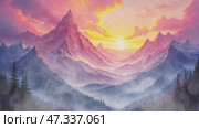 Misty Mountainscape at Sunrise Foggy landscape. Стоковое AI-видео, аниматор KATERINA AI / Фотобанк Лори