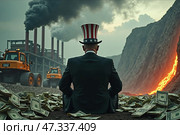 Uncle Sam on a pile of bundles of dollars against an industrial landscape of rare metal mining and processing.  AI generative. Стоковое AI-изображение, AI-художник Роман Дзюбало / Фотобанк Лори