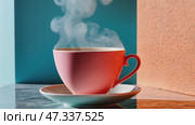 Pink teacup steaming on colorful background. Стоковое AI-видео, аниматор Юрий Поздников / Фотобанк Лори