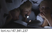 Three young children are reading a book with a flashlight under the covers at night. Стоковое видео, видеограф Mikhail Davidovich / Фотобанк Лори