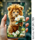 A funny shaggy lion cub gives a bouquet of bright roses, holding them out from the screen of a smartphone on a birthday. Стоковое AI-изображение, AI-художник Сергей Елизарьев / Фотобанк Лори