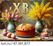 Easter cake and colorful Easter eggs are part of the Easter meal. Easter (Bright Resurrection of Christ) is the oldest and most important Christian holiday. Happy Easter Day! Стоковое AI-изображение, AI-художник Сергей Елизарьев / Фотобанк Лори