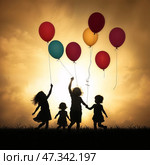 Силуэты радостных детей, которые запускают шары в небо. Silhouettes of joyful children who launch balloons into the sky. Стоковое AI-изображение, AI-художник Смирнова Светлана / Фотобанк Лори