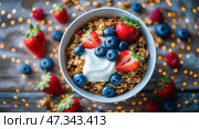 Delicious bowl of granola topped with fresh berries, yogurt, and a sprinkle of vibrant colors, ideal for breakfast or a healthy snack. Стоковое AI-изображение, AI-художник Сергей Толмачёв / Фотобанк Лори