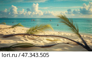 Palm fronds on sandy beach with a tranquil ocean view during a sunny day in a tropical paradise. Стоковое AI-изображение, AI-художник Сергей Толмачёв / Фотобанк Лори