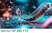 Film strip flows through an ethereal blue haze amidst scattered glitter and light reflections in an artistic display. Стоковое AI-изображение, AI-художник Сергей Толмачёв / Фотобанк Лори