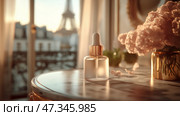Elegant skincare product mockup in Paris with blooming roses at sunset. Элегантный макет средства для ухода за кожей в Париже с цветущими розами на закате. Стоковое AI-изображение, AI-художник Katsiaryna Repich / Фотобанк Лори