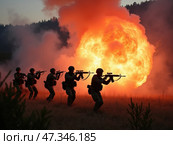A group of soldiers maneuvers strategically with rifles aimed as a massive explosion erupts behind them, filling the air with smoke and flames in a training exercise. Стоковое AI-изображение, AI-художник Sergey Grishin / Фотобанк Лори