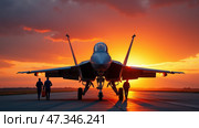 As the sun sets, two personnel approach a fighter jet at an airbase, highlighting the aircraft against a dramatic sky. The scene captures the essence of military aviation. Стоковое AI-изображение, AI-художник Sergey Grishin / Фотобанк Лори