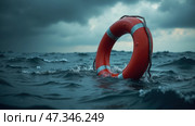The lifebuoy bobs gently on the choppy sea, surrounded by dark clouds that suggest an impending storm, emphasizing the critical nature of safety at sea. Стоковое AI-изображение, AI-художник Sergey Grishin / Фотобанк Лори