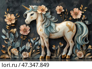 An elegant and fabulous composition with a unicorn in the center. The unicorn figure is made in a decorative style with elements of 3D and textured painting. Its body is snow-white with gold inclusions and patterns, the mane and tail are a delicate blue with gold accents. The horn shines with gold. Around it are large fantasy flowers in pink, gold and blue tones, as well as stylized leaves. The overall palette is refined and noble, conveying a sense of magic, beauty and sophistication. Стоковое AI-изображение, AI-художник Анна Кривицкая / Фотобанк Лори