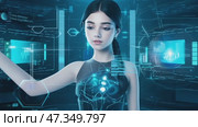Woman in futuristic suit. Woman interacting with the network, having virtual reality experience. Augmented reality game, future technologies, artificial intelligence concept. Neon purple light of virtual reality. Стоковое AI-видео, аниматор ALLA YURTAYEVA / Фотобанк Лори