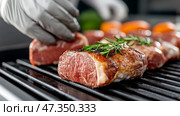 Chef grilling seasoned steaks on outdoor bbq grill for perfect dinner. Стоковое AI-изображение, AI-художник Olga Didraga / Фотобанк Лори