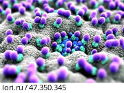 Colorful bacterial colonies growing on lumpy surface. Стоковое AI-изображение, AI-художник Olga Didraga / Фотобанк Лори