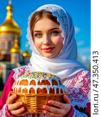 A beautiful young girl holds a consecrated Easter cake in her hands. Easter cake is part of the Easter meal. Easter (Bright Resurrection of Christ) is the oldest and most important Christian holiday. Happy Easter! Стоковое AI-изображение, AI-художник Сергей Елизарьев / Фотобанк Лори