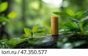 A bamboo-encased deodorant stick mockup sits on a wet, moss-covered rock. дезодорант в бамбуковом корпусе лежит на мокром камне, покрытом мхом. Стоковое AI-изображение, AI-художник Katsiaryna Repich / Фотобанк Лори