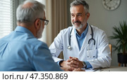 A doctor in a white coat engages in a friendly conversation with an older male patient at a desk in a cozy office. The atmosphere is calm and professional, ensuring patient comfort. Стоковое AI-изображение, AI-художник Sergey Grishin / Фотобанк Лори